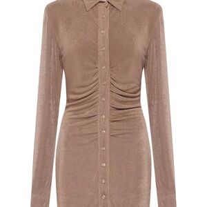With Jéan Andy Dress in Latte. Light Brown Long Sleeve Button-Up Dress
